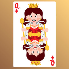 Queen of diamonds. Playing cards with cartoon cute characters.