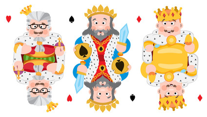 Kings of three suits: hearts, spades and diamonds. Playing cards with cartoon cute characters.