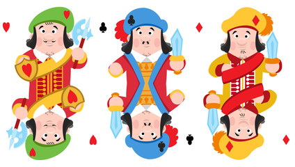 Jacks of three suits: hearts, clubs and diamonds. Playing cards with cartoon cute characters.