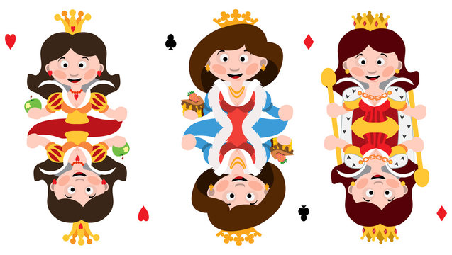 Queens of three suits: hearts, clubs and diamonds. Playing cards with cartoon cute characters.
