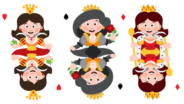 Queens of three suits: hearts, spades and diamonds. Playing cards with cartoon cute characters.