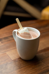How winter cocoa with vanilla ice cream on a rustic wooden table