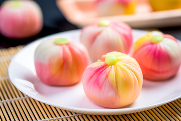 Japanese traditional confectionery cake wagashi served on plate
