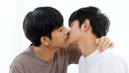 Close up of  young asian gay couple kissing, Asia lgbtq, homosexual love expression lifestyle, love win pride concept