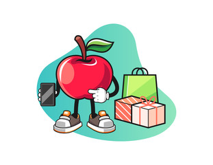 Apple online shopping mascot design vector. Cartoon character illustration for business, t shirt, sticker.