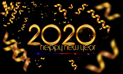 2020 New Year luxury holiday banner with gold christmas balls, stars and snowflakes. Vector illustration.