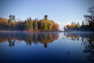Fototapeta na wymiar Dramatic tree reflections on a foggy lake at sunrise