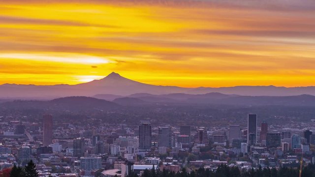 Portland autumn foliage and colorful sunrise behind Mt hood in time lapse with horizontal panning