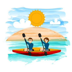 Couple on a kayak boat on a tropical beach - Vector