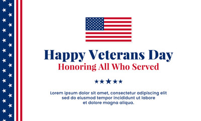 Happy Veterans Day honoring all who served simple clean poster background template design with usa america flag decoration element vector illustration