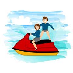 Couple riding a jet ski on a tropical beach - Vector