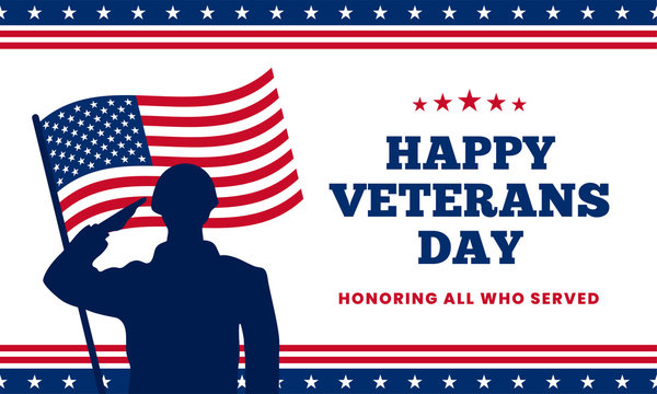 Happy veterans day honoring all who served poster background template design. Soldier military salutation silhouette with usa america flag behind vector illustration.