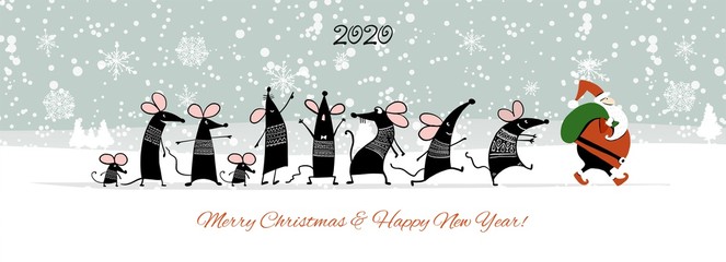 Christmas card with funny mouse and Santa in winter forest, symbol of 2020 year