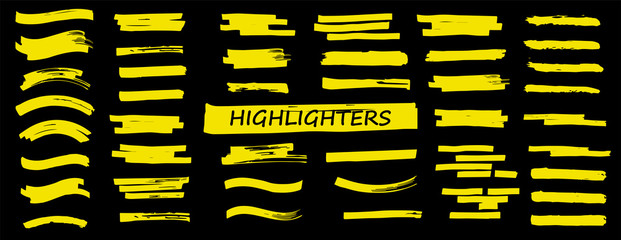 Highlighters set. Vector Brush lines. Marker color stroke. Yellow watercolor hand drawn highlight set. Brush pen hand drawn underline. Vector graphic stylish element. Marker lines collection - obrazy, fototapety, plakaty