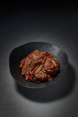 Korea's signature dish, delicious and addictive bulgogi. Spicy bulgogi. a pork dish. 불고기. 돼지고기,  제육볶음