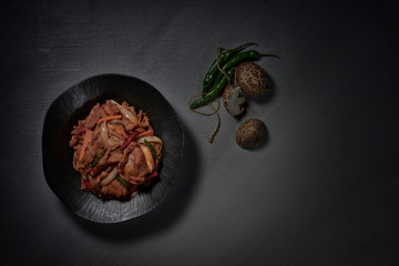 Korea's signature dish, delicious and addictive bulgogi. Spicy bulgogi. a pork dish. 불고기. 돼지고기,  제육볶음