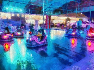 Driving car park in the amusement park Illustrations creates an impressionist style of painting.