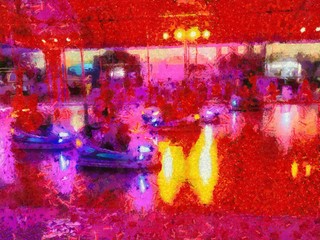 Driving car park in the amusement park Illustrations creates an impressionist style of painting.