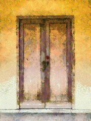 Ancient wooden door, art, Thai architecture Illustrations creates an impressionist style of painting.