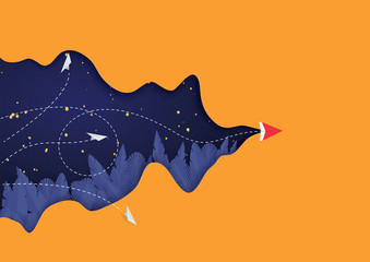 Vector and illustration,Paper airplane flying on orange background. paper cut style.