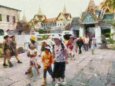Tourist groups in front of the Grand Palace, Bangkok Illustrations creates an impressionist style of painting.