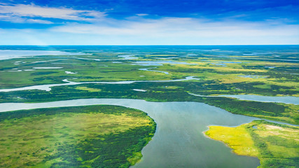 Landscape of the arctic tundra in summer. Rivers, lakes, northern vegetation. View from above. The concept of climate change, warming in the Arctic. - obrazy, fototapety, plakaty