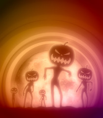 Halloween holiday background. Zombie silhouettes with pumpkins head. Full moon night. Elements of this image furnished by NASA.