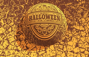 Stamp with Halloween text and pumpkins icons on cracked grunge background. 3D rendering.