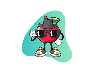 Apple secret agent mascot design vector. Cartoon character illustration for business, t shirt, sticker.