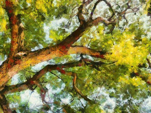 Perennial trees with large green shrubs Illustrations creates an impressionist style of painting.