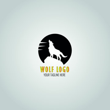 Wolf Creative Concept Logo Design Template, wolf howling at the full moon vector illustration.