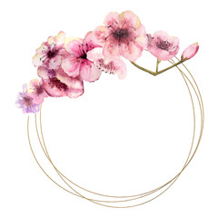 Cherry blossom, Sakura Branch with pink flowers on gold frame and isolated white background. Image of spring. Frame. Watercolor. Vector illustration.