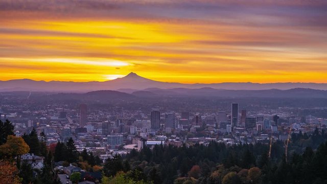 Portland autumn foliage and colorful sunrise behind Mt hood in time lapse with vertical panning