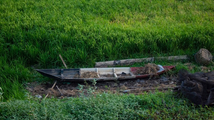 Fototapeta na wymiar Abandoned traditional boat in the rice field.