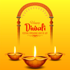 illustration of burning diya on happy Diwali Holiday background for light festival of India