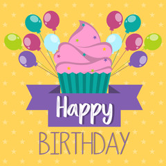 Colored birthday card with a cupcake and balloons - Vector