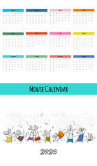 Funny mouses and travel, symbol of 2020 year. Calendar design