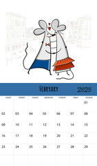 Funny mouses and travel, symbol of 2020 year. Calendar design
