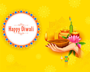 Naklejka premium illustration of burning diya on happy Diwali Holiday background for light festival of India