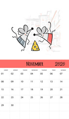 Funny mouses and travel, symbol of 2020 year. Calendar design