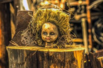 A terrible doll head and an ax on a stump as in a horror movie.