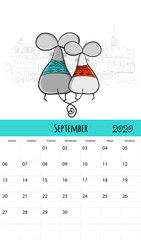 Funny mouses and travel, symbol of 2020 year. Calendar design