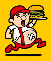 Cartoon happy boy with red cap delivering big burger.  - Mascot character vector