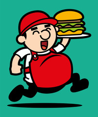 Cartoon fat boy with red apron delivering huge burger. - vector mascot character