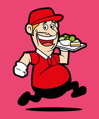 Cartoon busy man with red uniform delivering sandwich. Delivery man carrying a plate of sandwich and vegetables. - Vector mascot illustration