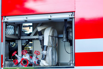 Details of rescue and firefighting truck equipment    Fire and rescue equipment in fire engine.