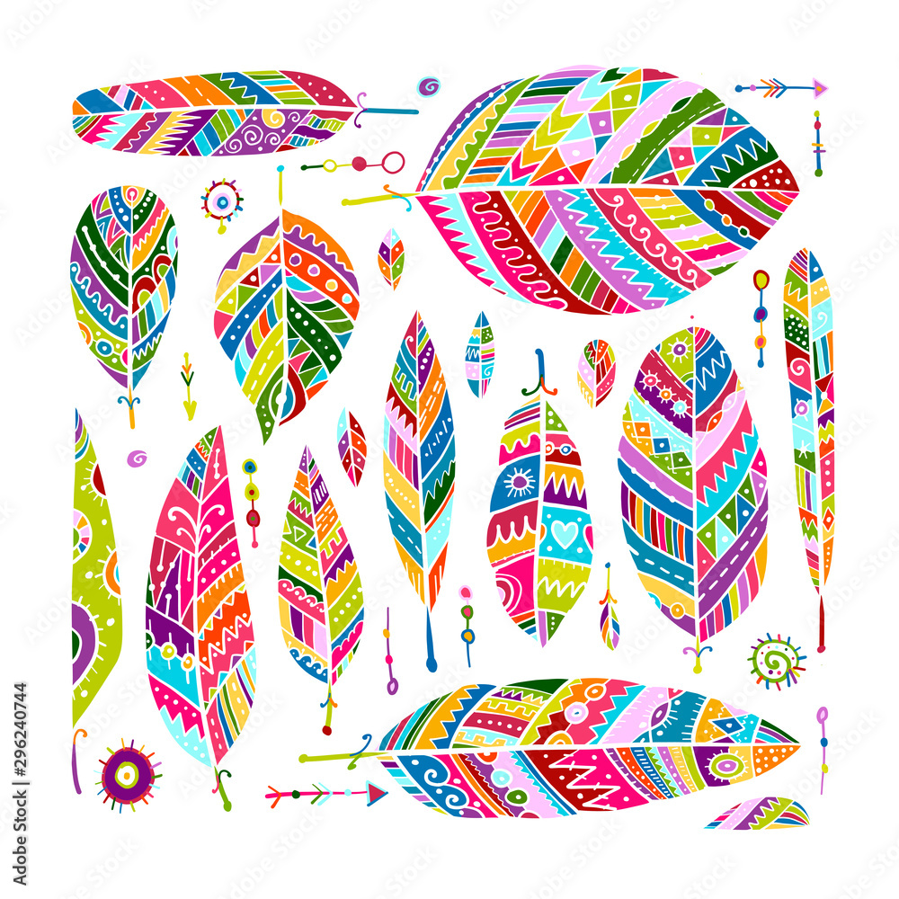 Sticker art feathers collection, ornate sketch for your design