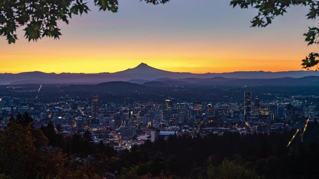 Portland with autumn foliage in twilight color transition at dawn on a windy day