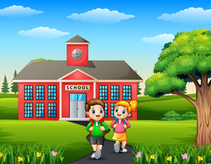 Obraz na płótnie Canvas Happy children with backpack on school building background