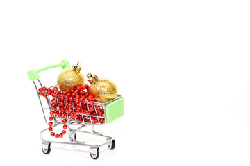 Christmas holiday composition. Cart with gifts. Christmas shopping. With space for your text.